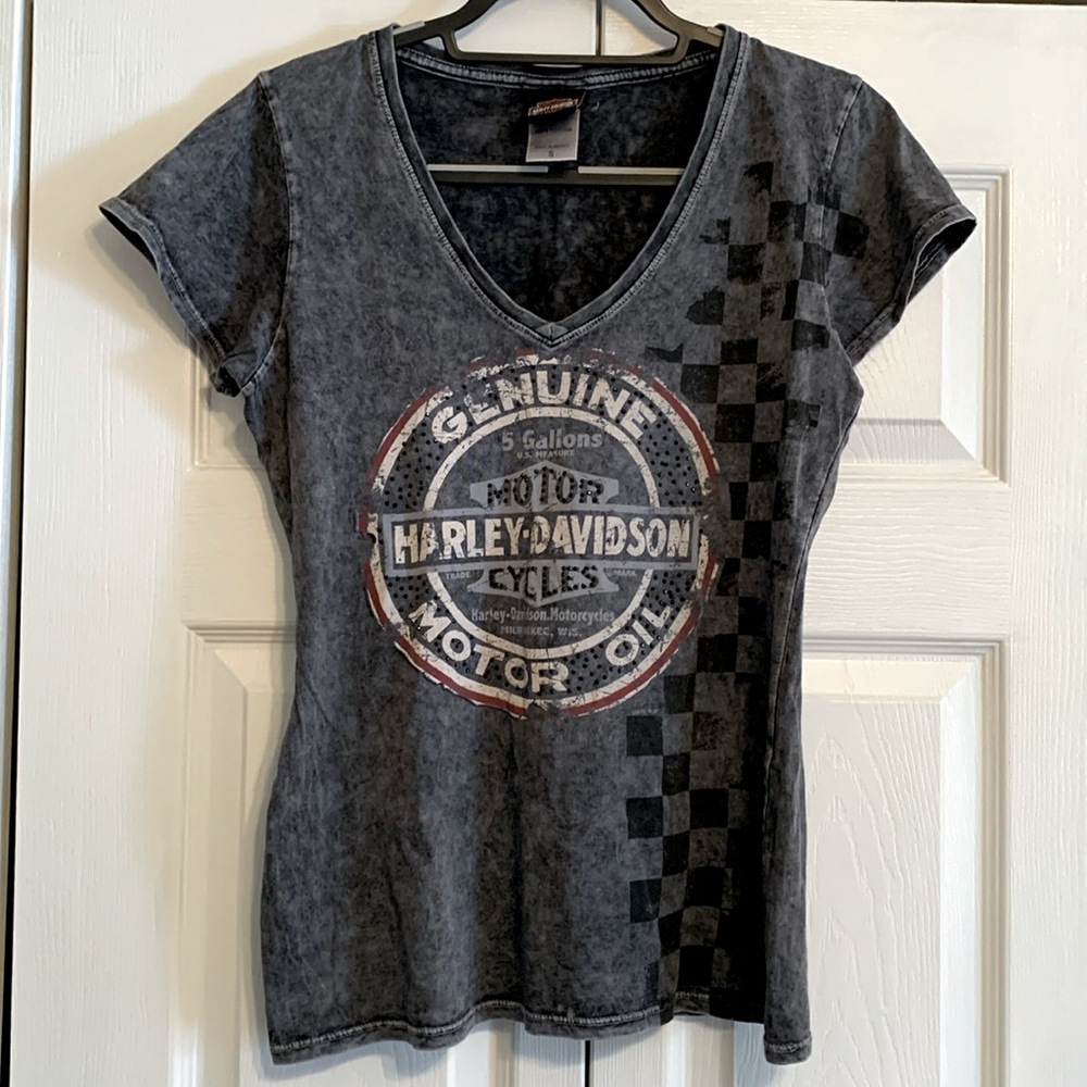 Harley Davidson, sparkle and mineral washed v neck tee shirt, EUC